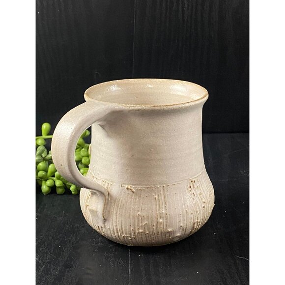 Studio Pottery Clay Mug JT Applied Leaf and Vine Design Cream Ribbed - Picture 4 of 9